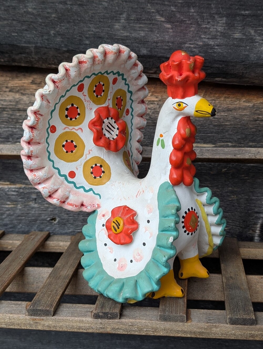 1980s Vintage Dymkovo Russian Folk Art Clay Turkey Rooster Figurine Gold Leaf
